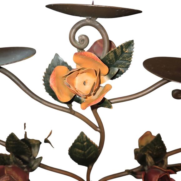 Vintage Metal Toleware Rose Accented 5 Arm Pillar Candle Candelabra 21"X15"X6" - Picture 9 of 11